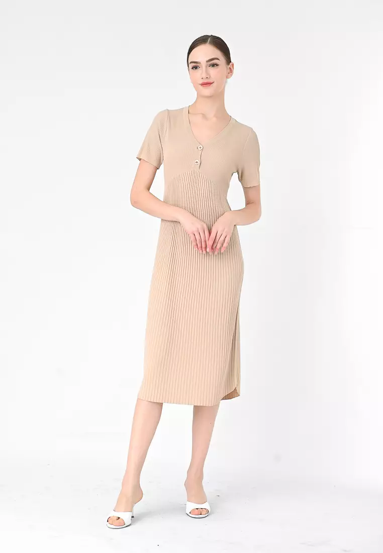 V领针织褶皱中长裙