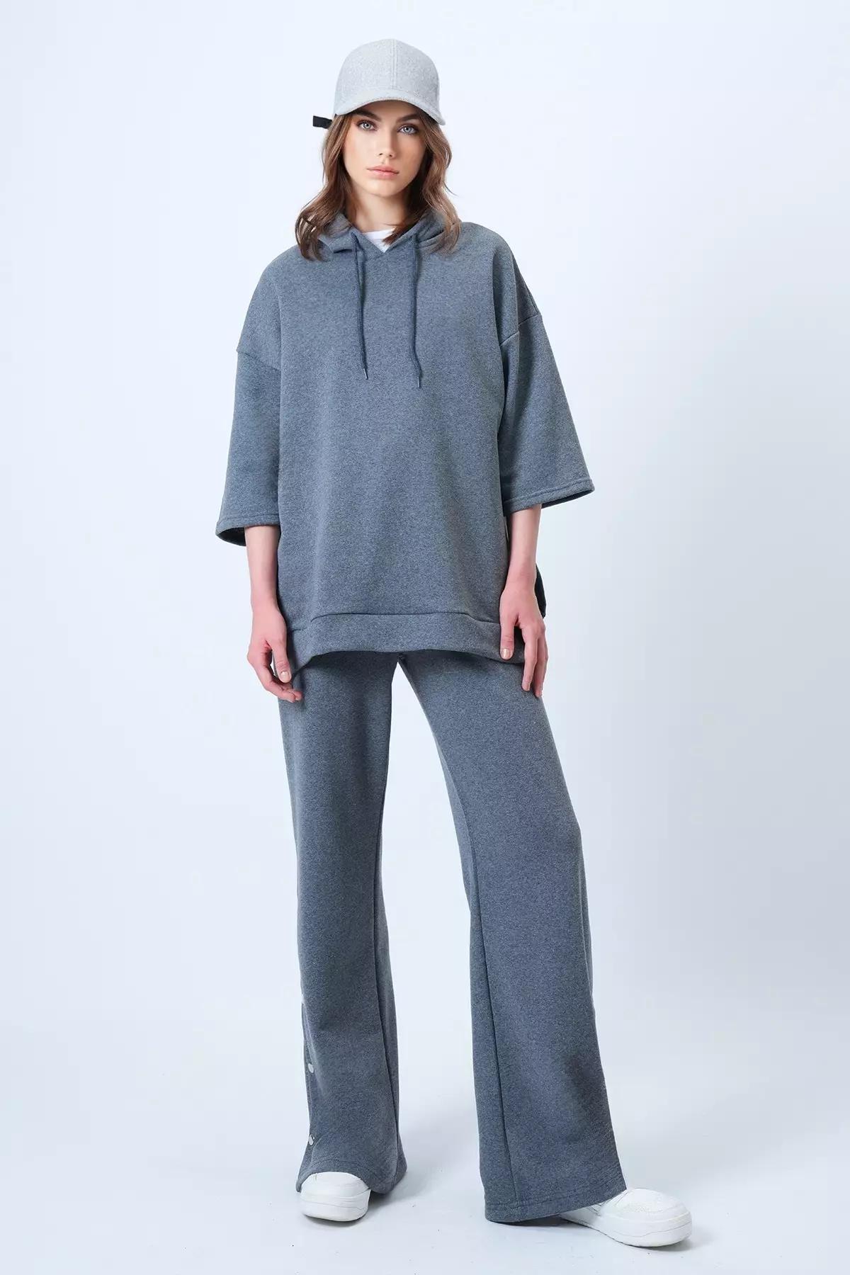 Women'S Anthracite Hooded Sweatshirt With Side Slits And Wide Leg Pants Set Alc-X14607