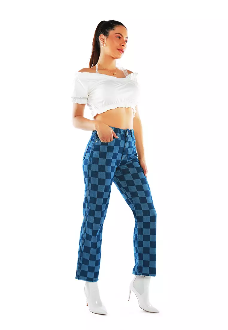 Buy London Rag Blue Wide Leg Checkered Jeans Pants 2025 Online