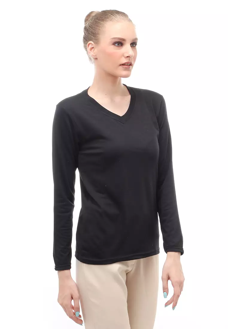 Kaos Polos Atasan Wanita V-Neck Lengan Panjang Design Simple Relaxed Fit - Hitam