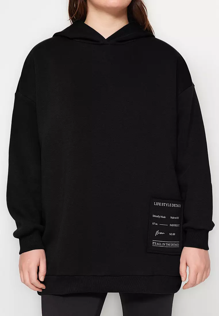 Black Hooded Slogan Detailed Fleece Thick Knitted Sweatshirt Tbbaw24Ao00018