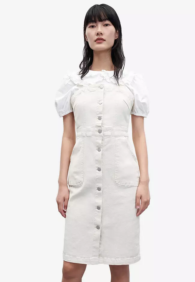 White dress with sales buttons down the front