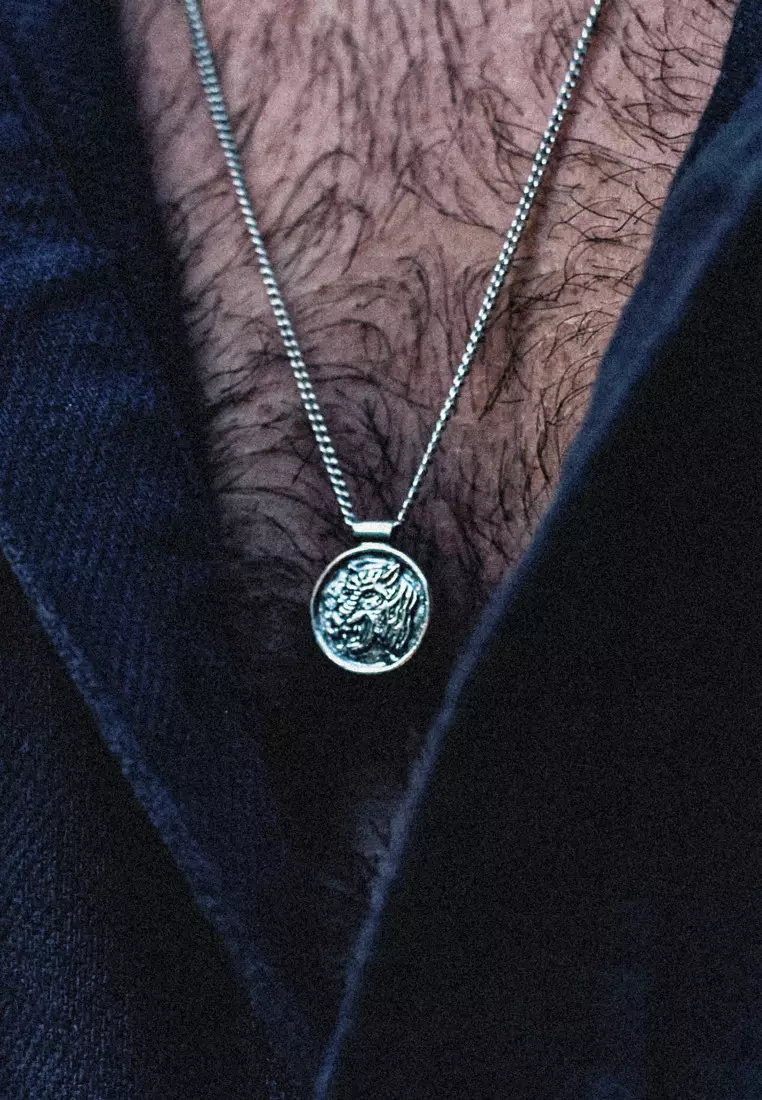 EXCLUSIVE Kalung Perhiasan Perak 925 Pria Coin Pendant Tiger