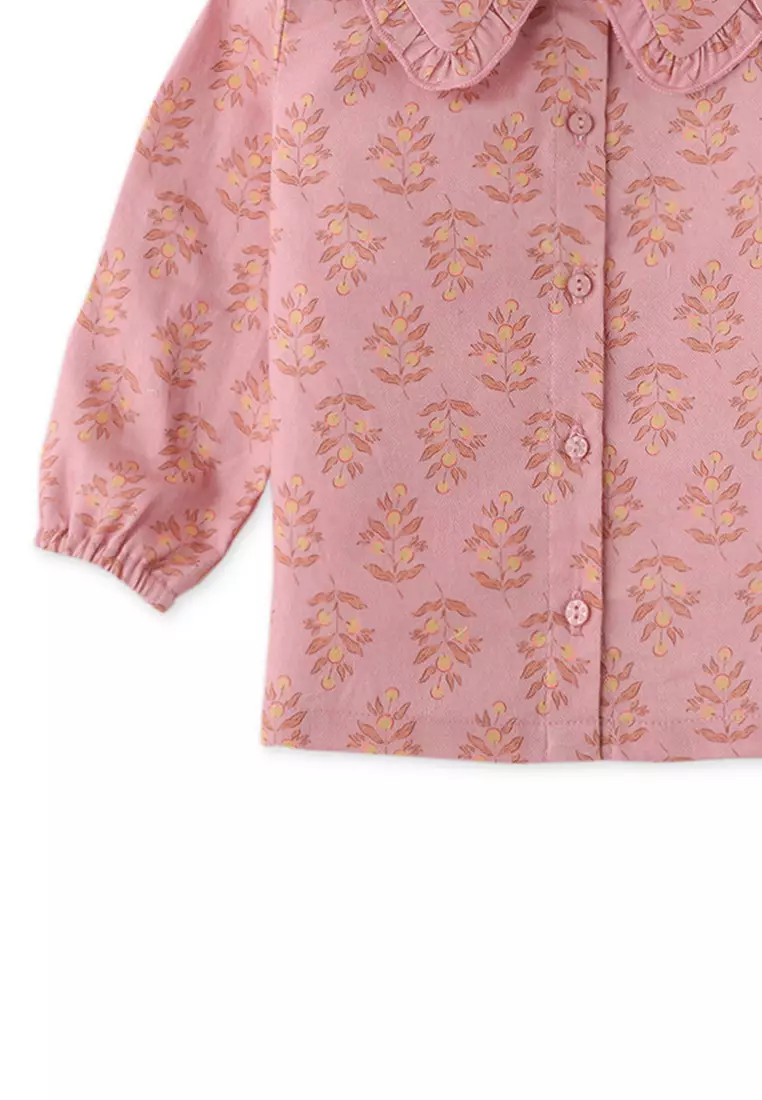 Baby Girls Floral Print Blouse With Embroidery Ruffles On Collar