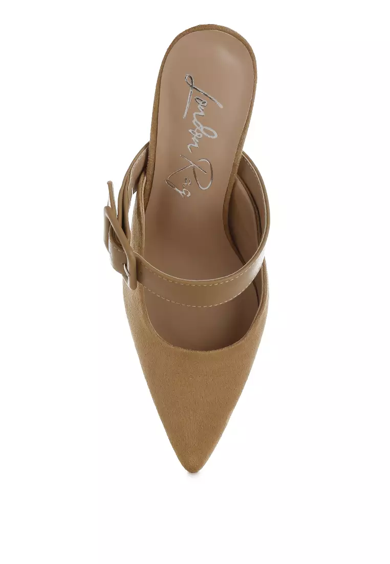 Microfiber Pointy Slip-On Mules in Beige
