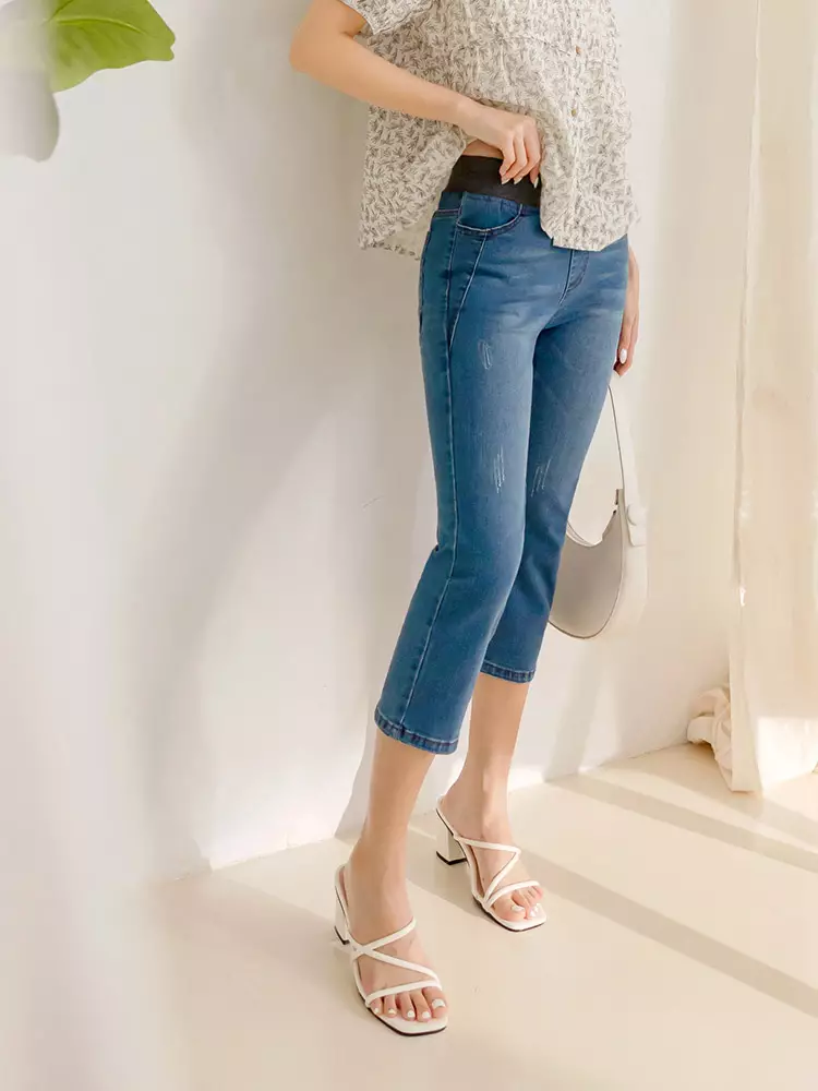 Cotton-blend ribbed elastic  denim capri pants [BA4453]