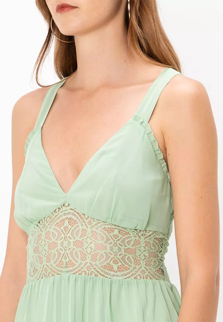 Petite Lace Insert Pleated Midi Dress