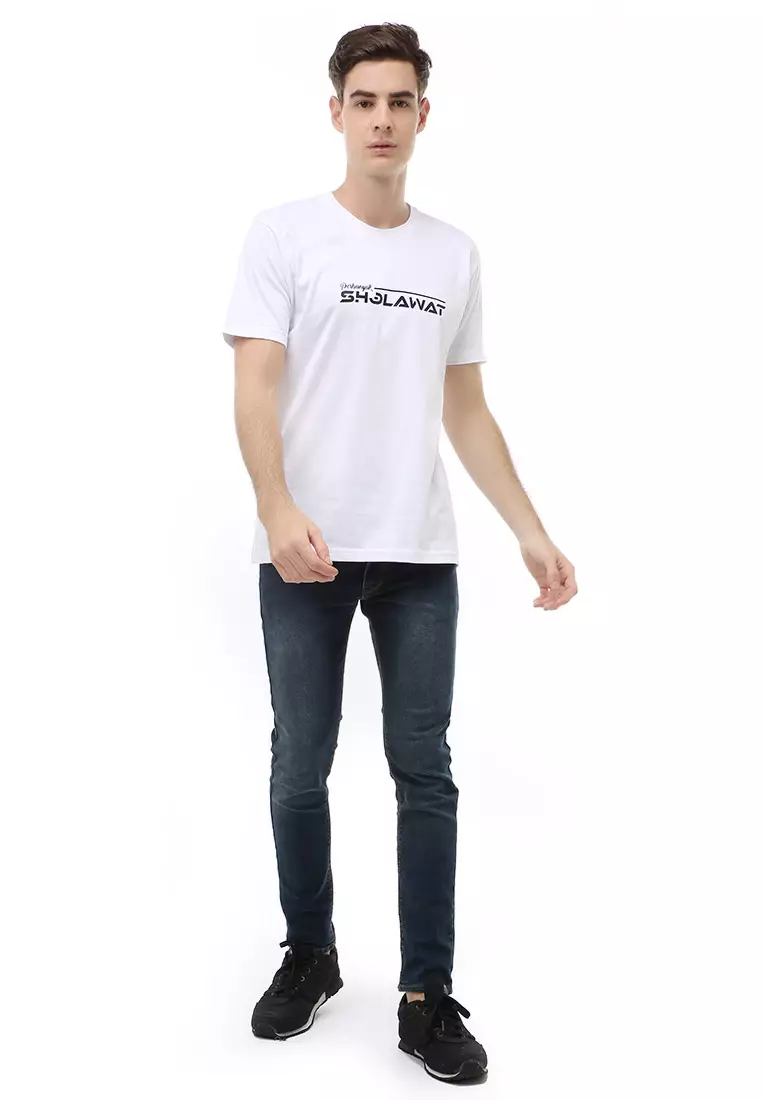 T-Shirt Atasan Kasual Pria Shalawat Lengan Pendek Material Cotton ORIGINAL - White