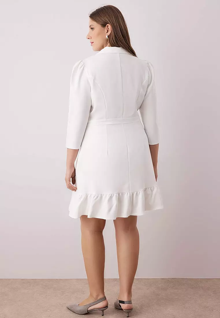 Ecru Plus Size Unlined Three Quarter Sleeve Mini Woven Jacket Dress