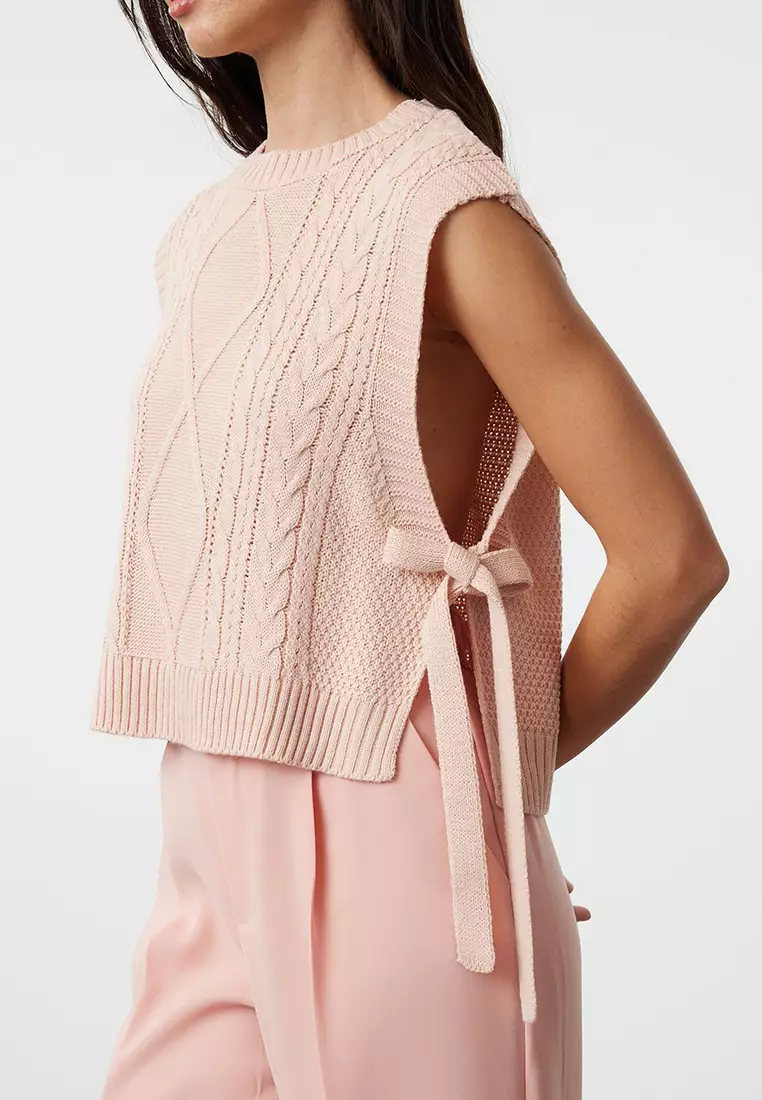 Pink Crop Side Ribbon/Bow Tie Detailed Knit Sweater TWOAW22SV0058