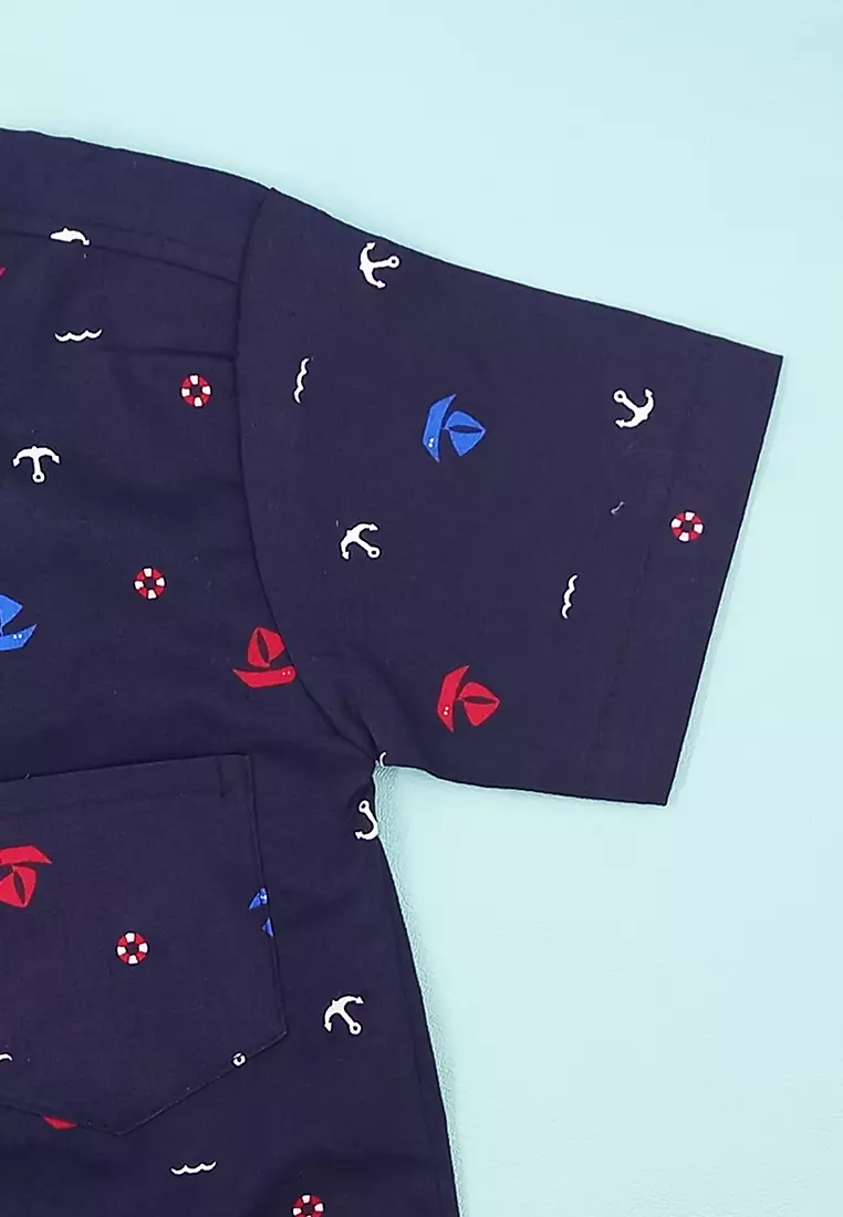 Kemeja Anak Laki Laki Usia 1 Tahun Hingga 6 Tahun Atasan Baju Kerah Shanghai Mandarin Collar Shirt Motif Jangkar Anchor Pattern 4322 Vensk