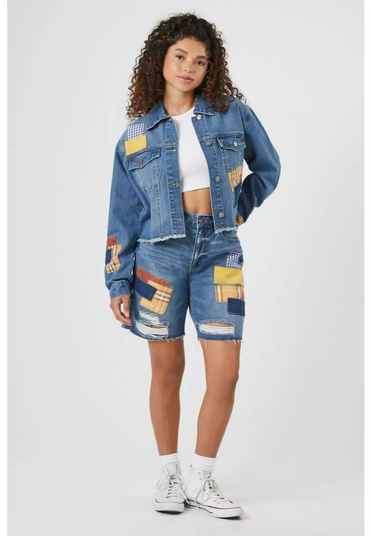 Buy FOREVER 21 Plaid Patch Denim Trucker Jacket 2024 Online