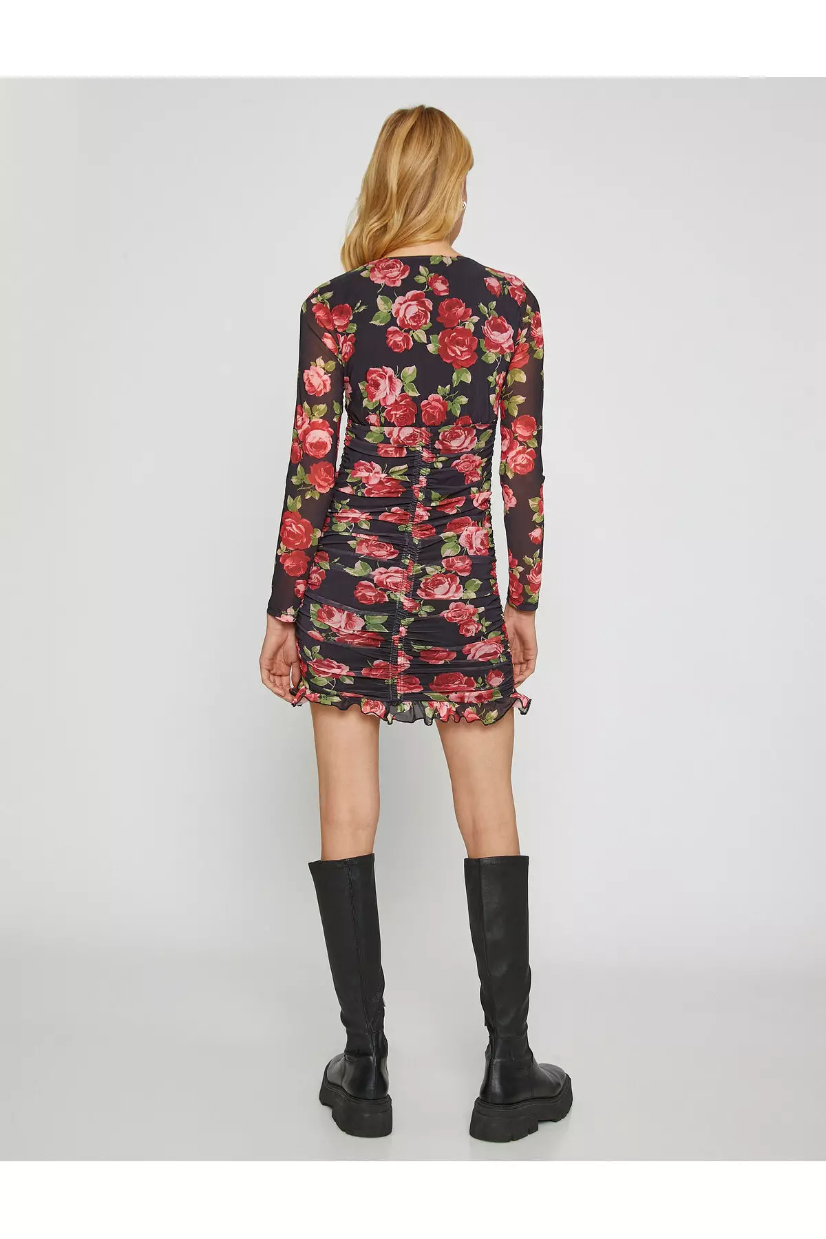 V-Neck Floral Pattern Ruched Mini Dress