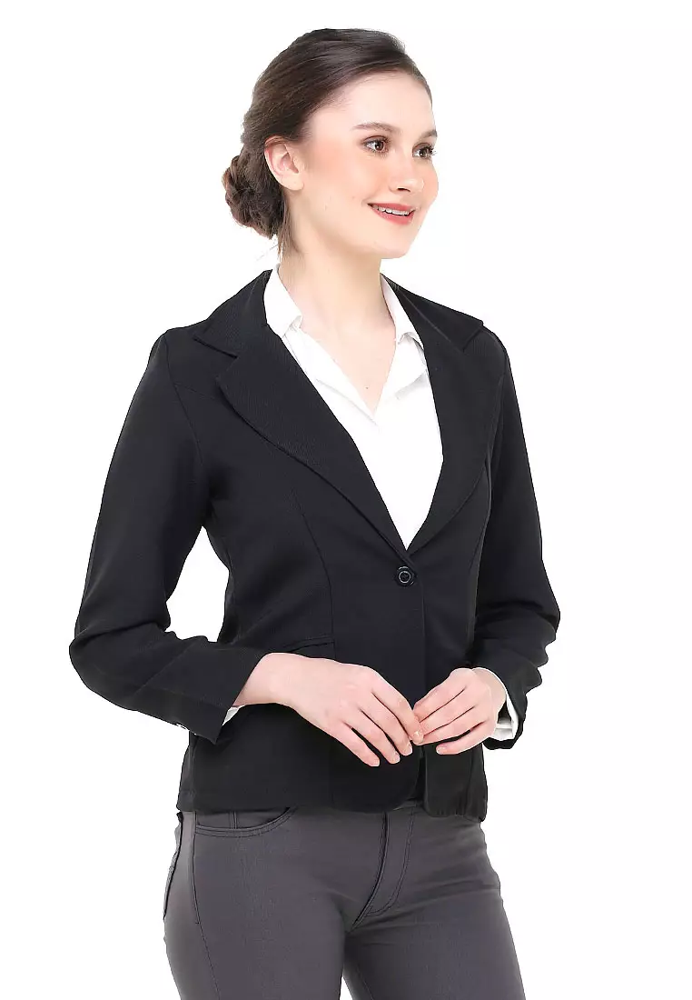 Qemsya Jas Blazer Wanita One Button Formal Longsleeve Suit Material Scuba ORIGINAL - Black