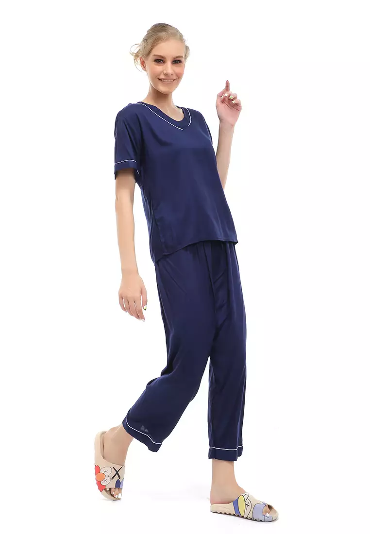 Vance Piyama Setelan Baju Tidur Wanita Lengan Pendek Material Rayon ORIGINAL - Navy
