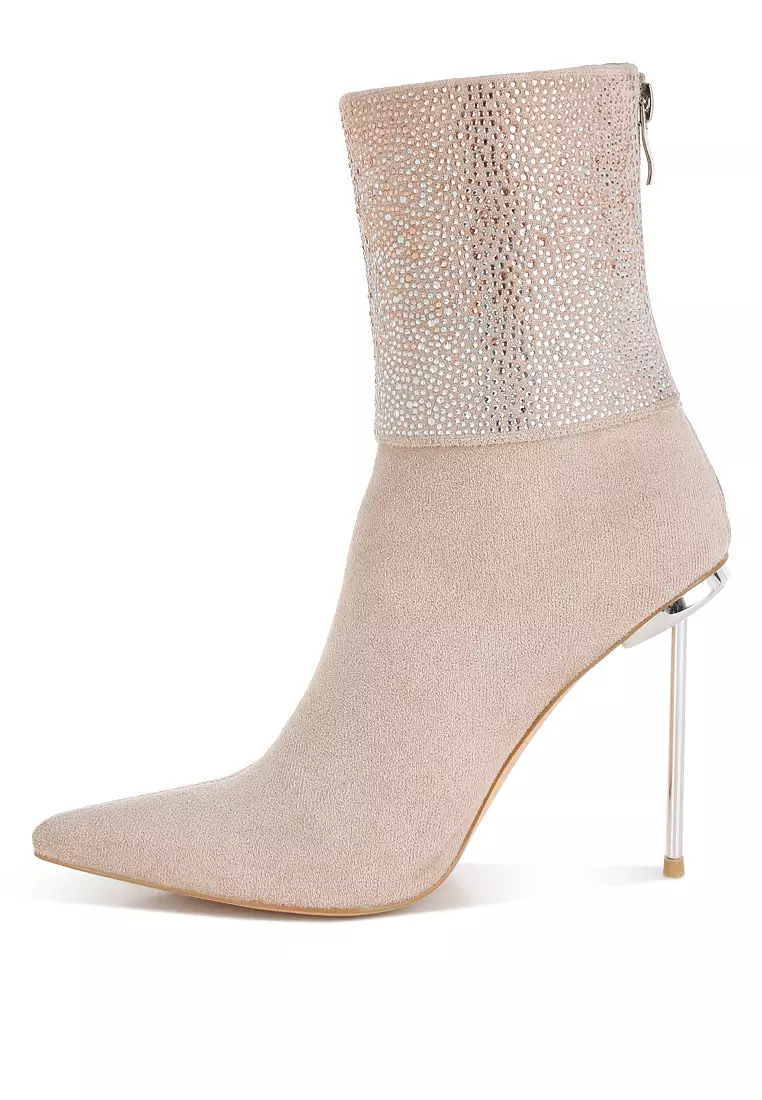 Rhinestones Embellished Foldover Boots in Beige