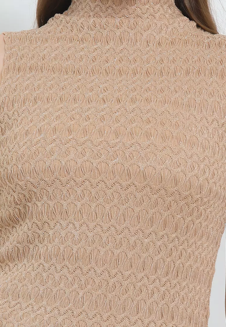 Sleeveless Lattice Knit Mock Neck Tank Top