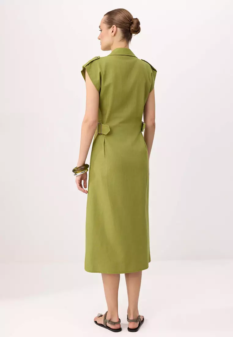 Khaki Accessory Detail Midi Woven Shirt Dress Twoss26El125