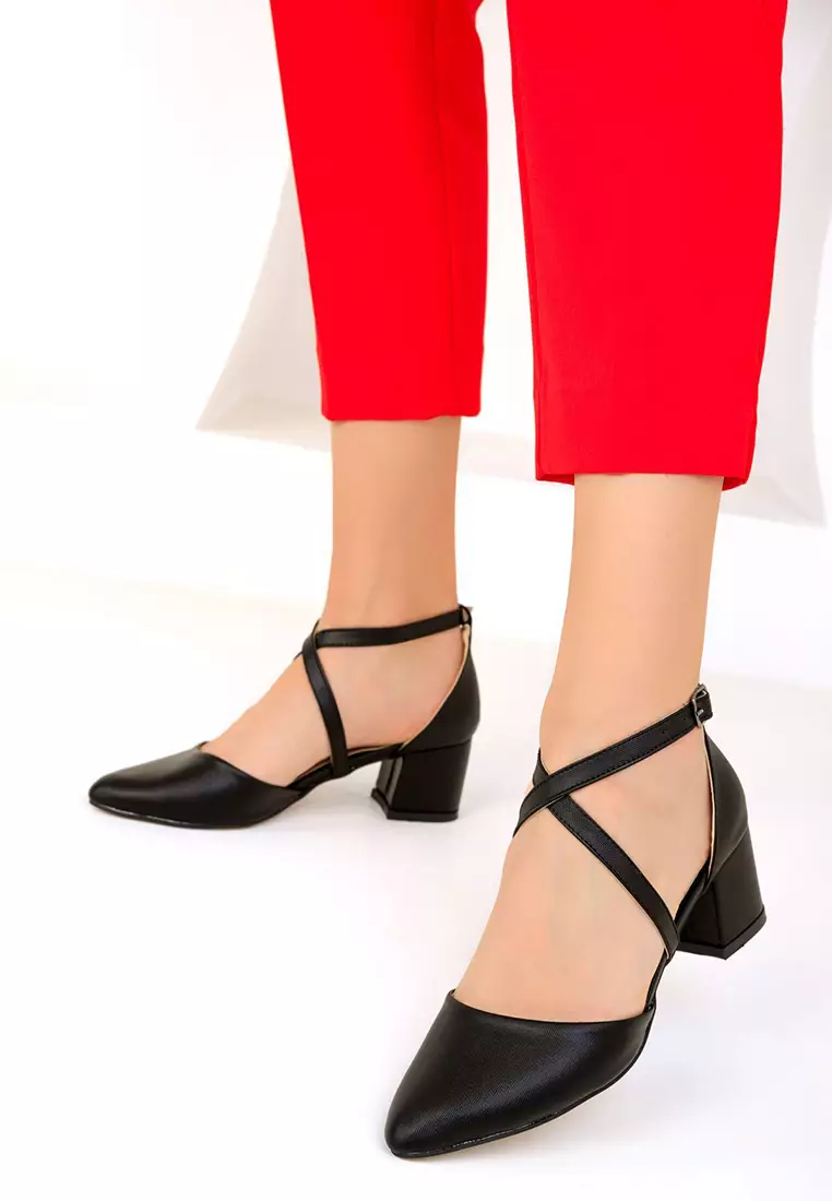 Pointed Toe Crossover Strap Low Block Heels
