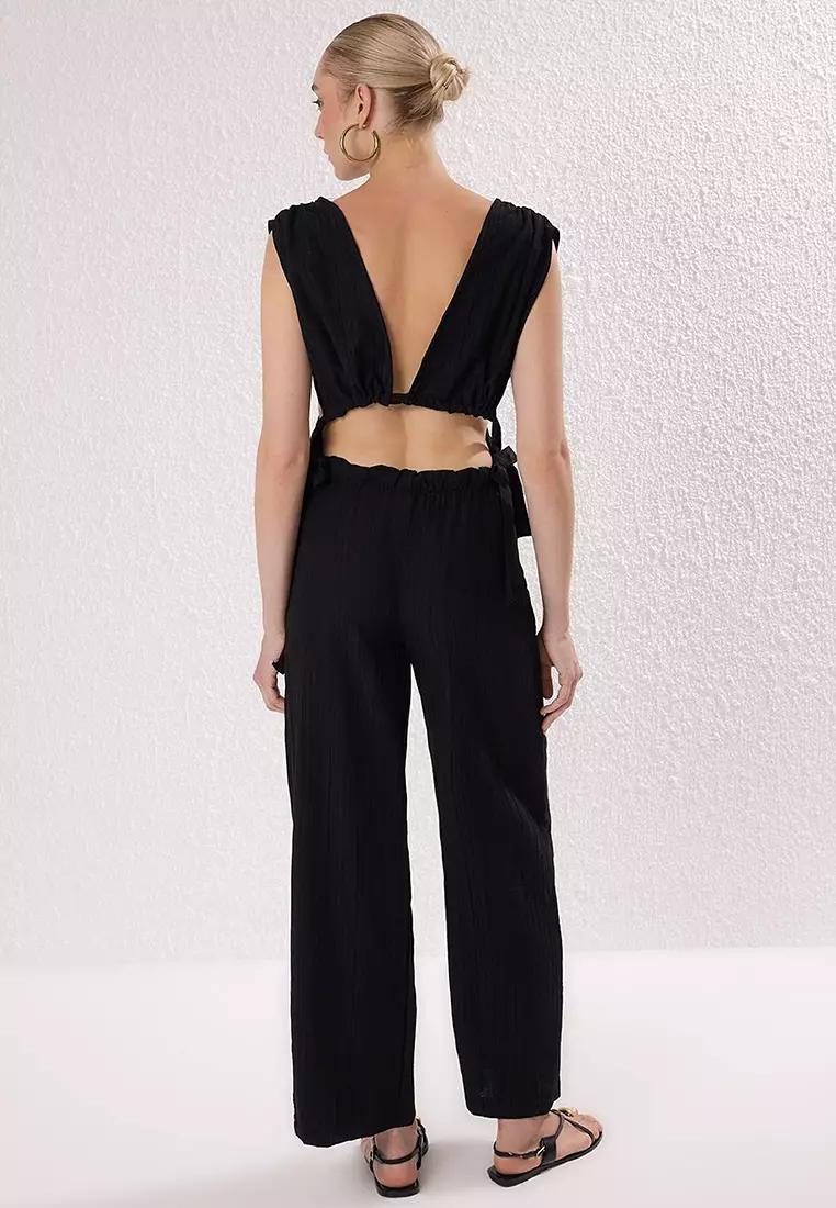 Black Woven Binding Detailed Deep V-Neck Beach Blouse Pants Suit Tbess25Au00088