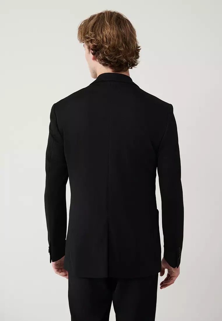 Men's Black Mono Collar Lined Slit Jersey Fabric Jacket B004000
