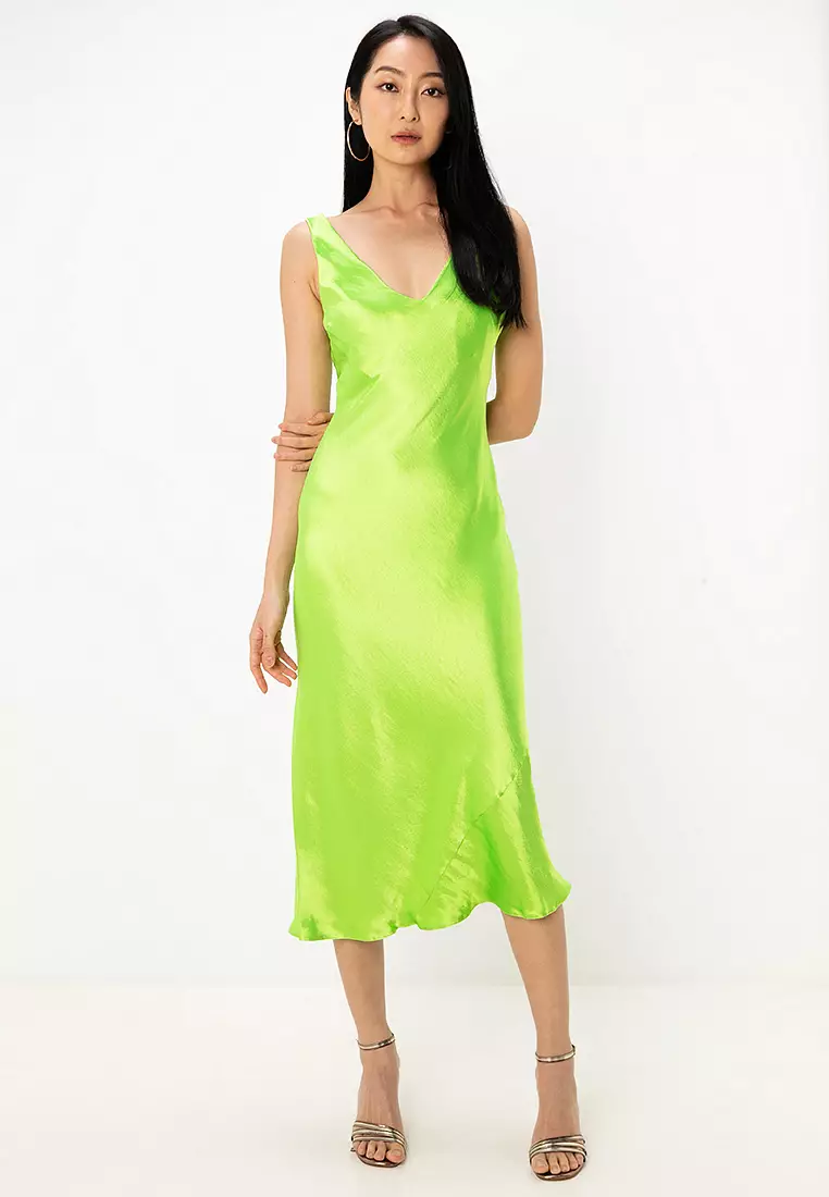 Bias Cut Satin Midi Slip Dress With Soft V Neckline Detail