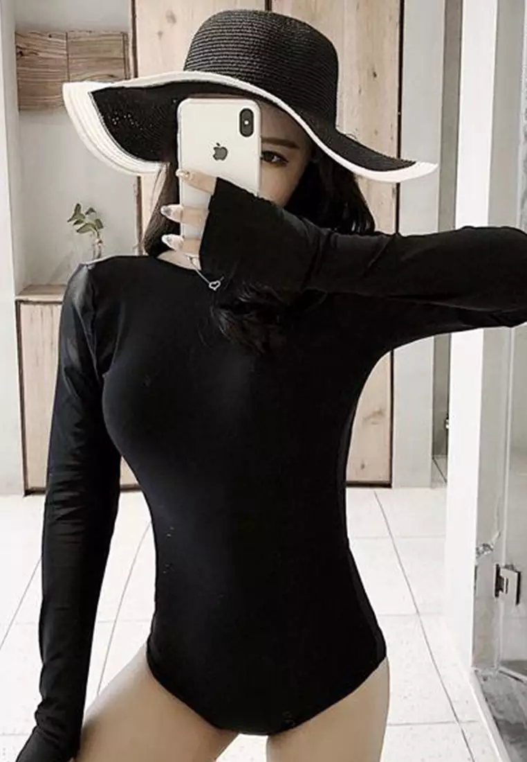 Conservative Long-Sleeved Belly-Covering Triangle One-Piece Swimsuit A22031729BK