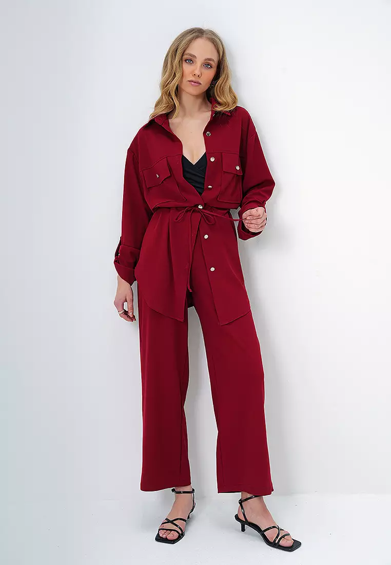 Double Pocket Safari Jacket and Elastic Waist Wide Leg Aerobin Pants Suit