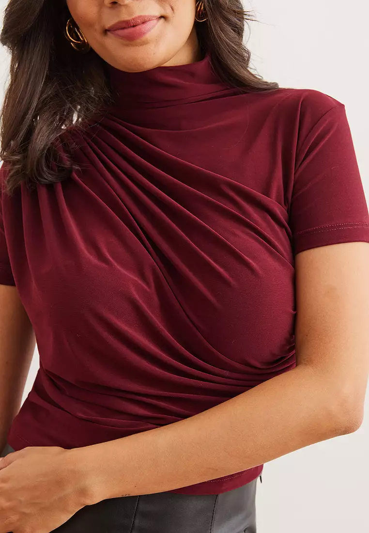 Women's Burgundy Draped Detail Short Sleeve Flowy Blouse Blz- 19002672