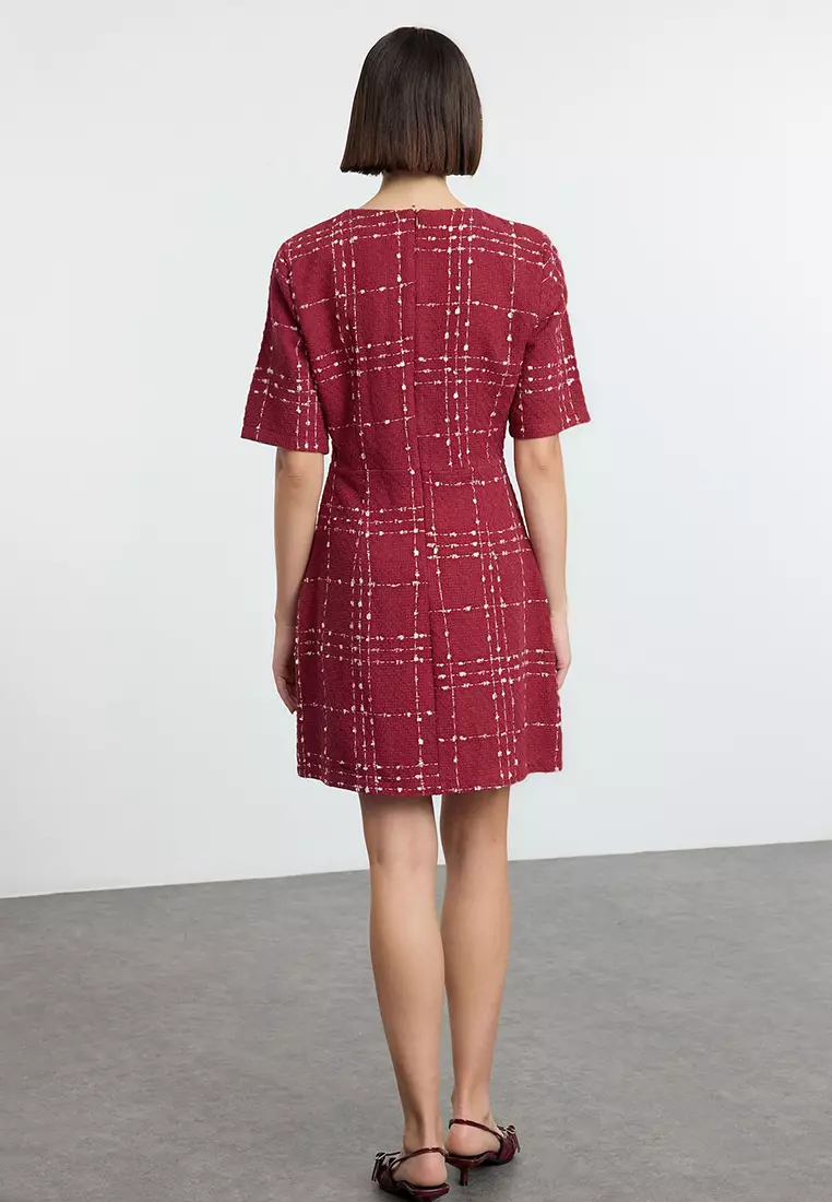 Burgundy Plaid A-Line Bow Detailed Mini Woven Tweed Dress TWOAW25EL00186