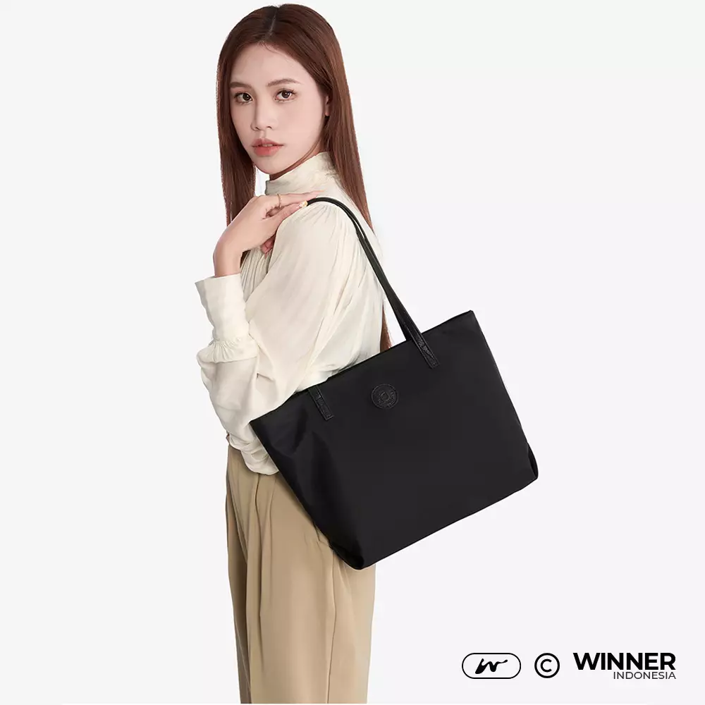 Tas Bahu Tote Bag Nylon Anti-Air Wanita Korean Style Shoulder Bag Resleting (T14-044-5226) - Hitam