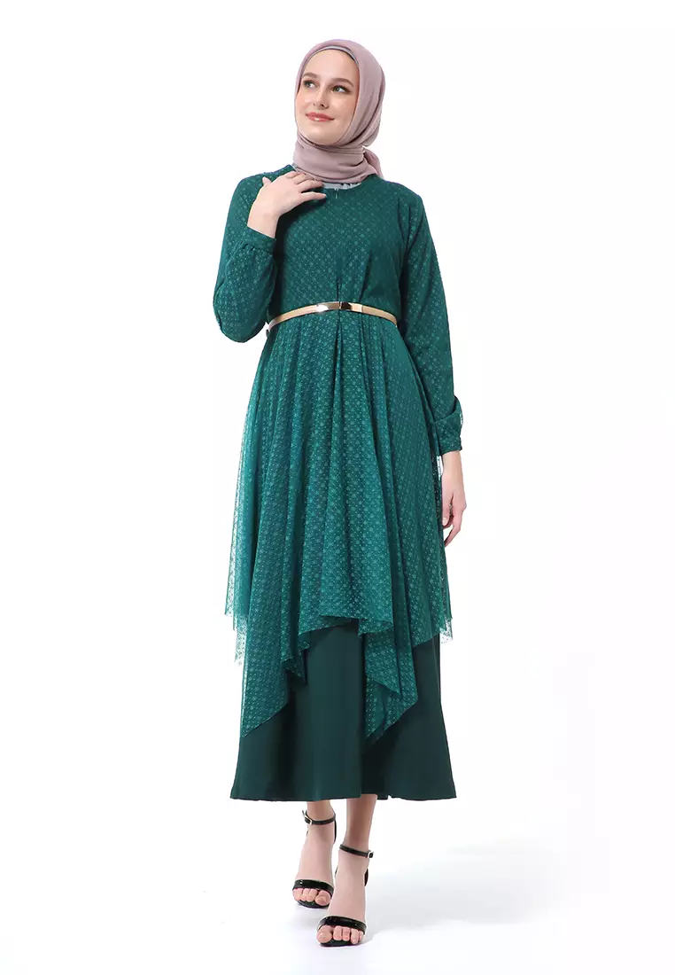 Zahwa Long Dress Gamis Muslimah Long Sleeve Free Belt High Quality - Deep Green