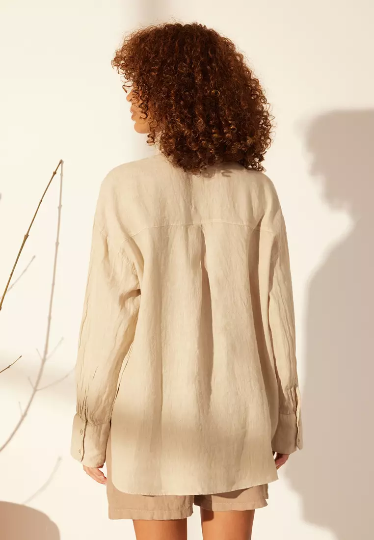 Beige 1% Linen Pocket Detailed Oversized Shirt Twoss26Go39