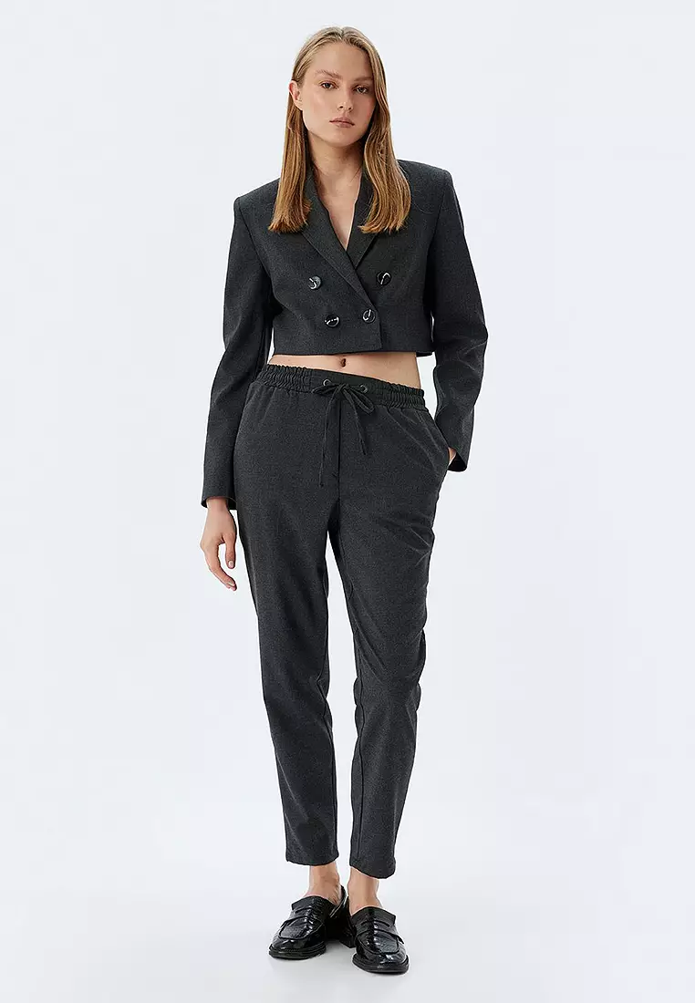 Pocketed Elastic Waist High Waist Jogger Carrot Cut Trousers