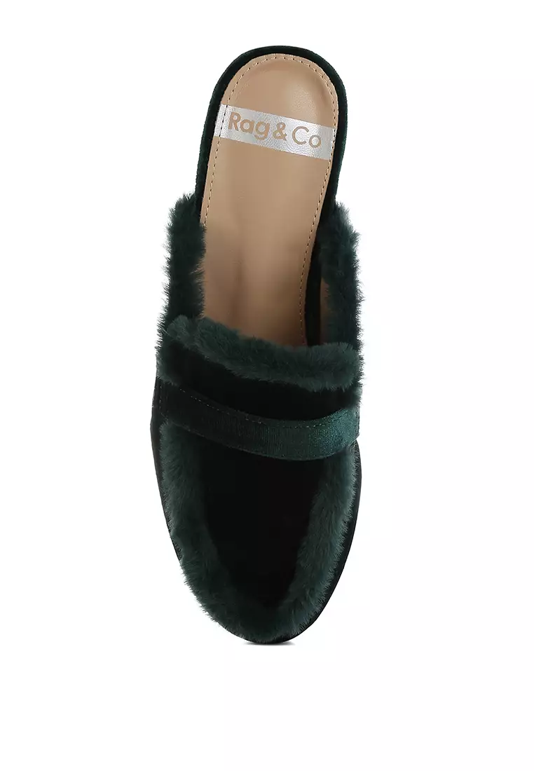 Fur Detail Velvet Slip-On Mules in Bottle Green