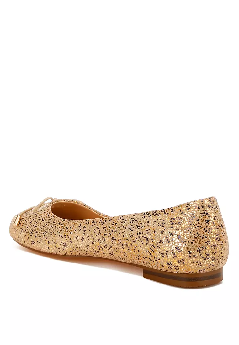 Bow Detail Embossed Suede Ballerinas Gold