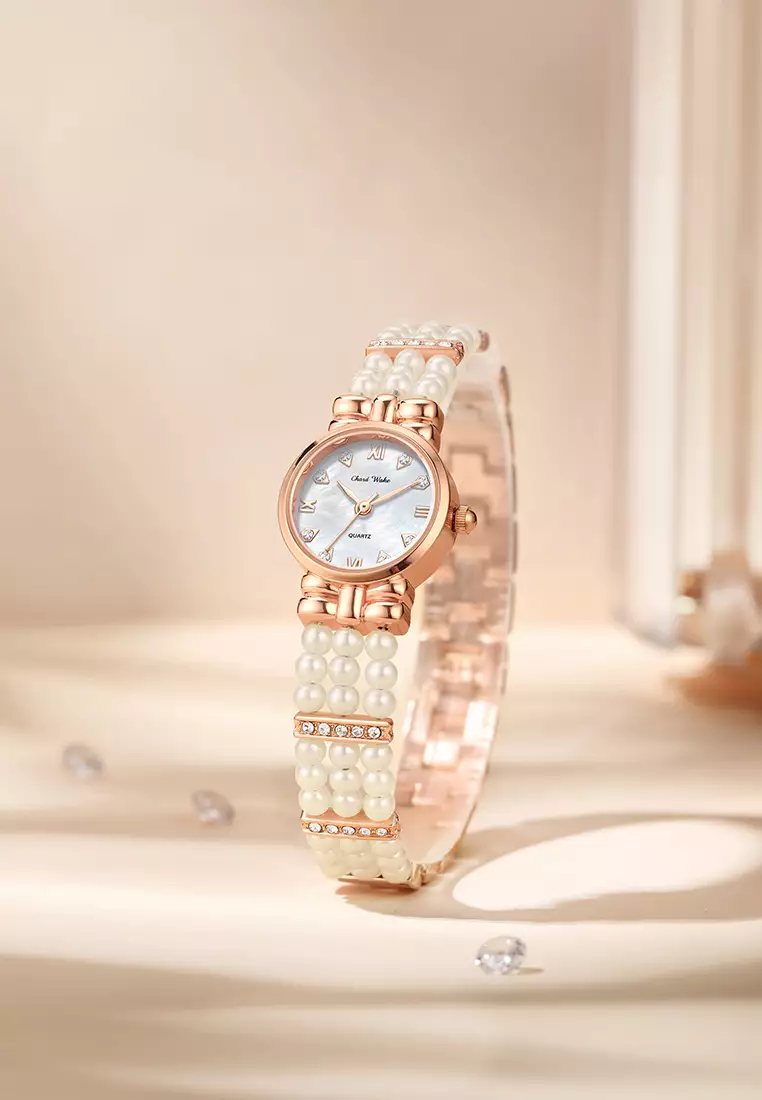 Jam Tangan Wanita Gelang Anti Air Original Fashion Korea Tali Mutiara Jam Tangan Cewek Rosewhite