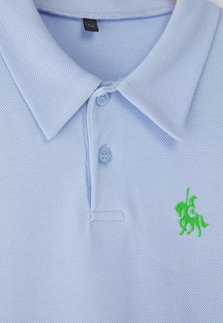 Blue Male Child 100% Cotton Embroidered Polo Neck Short Sleeve Textured Knitted T-Shirt Tkdss25Ts00081