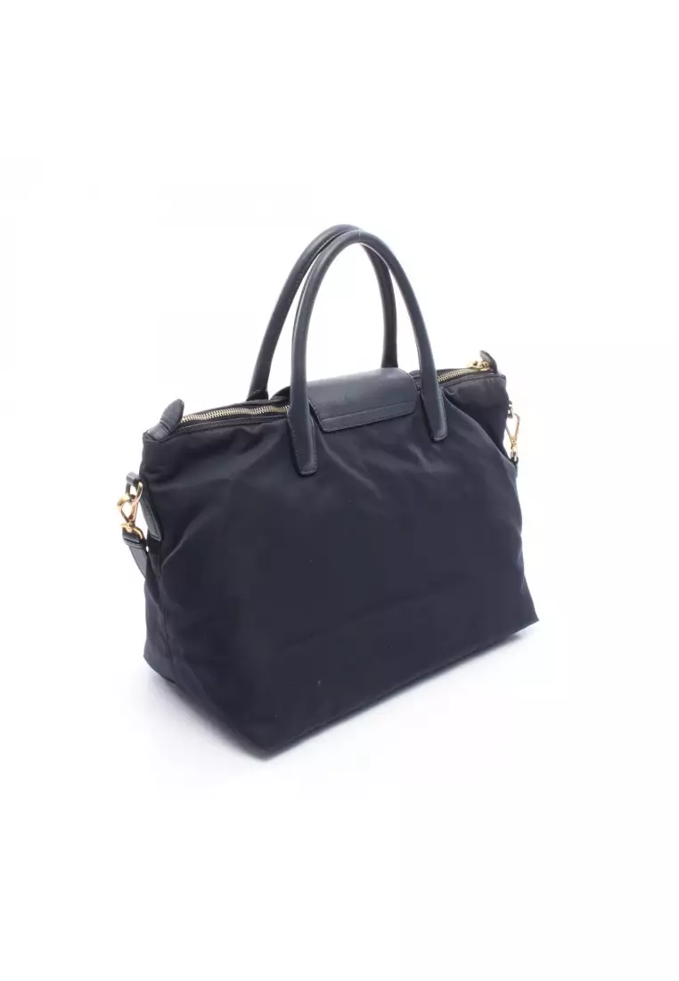 Pre-Loved Prada 2WAY Handbag Nylon Saffiano leather Navy prada logo plate