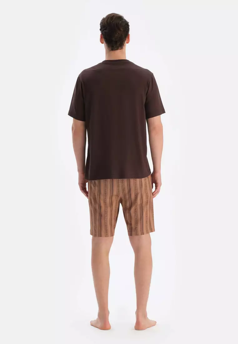 Dark Brown T-Shirt & Shorts Knitwear Set, Crew Neck, Regular, Short Leg, Short Sleeve Sleepwear for Men