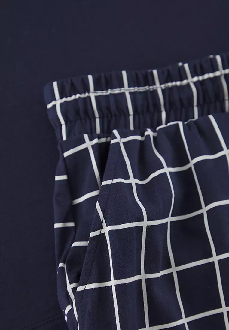 Navy Blue Regular Fit Plaid Knitted Shorts Pajama Set TMNSS25PT00034