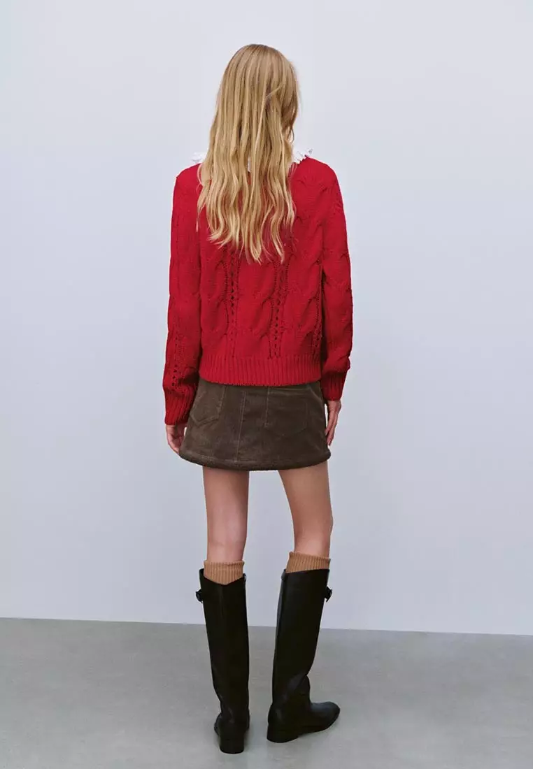 UR春季新款女装红色镂空绞花肌理感针织衫UYL950012