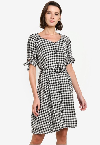 Hopeshow black and white Checkered Button Midi Dress with Belt DCC3DAAC6255A0GS_1