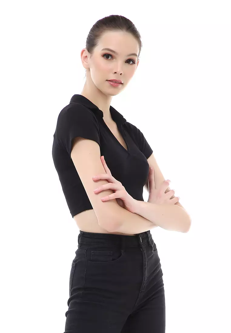 Cerise Crop Top Kaos Pendek Wanita T-Shirt Short Sleeve Plain Motive Material Cotton ORIGINAL - Black