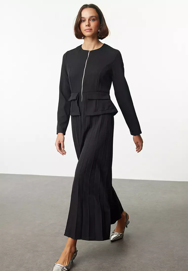 Pleated Maxi Dress with Zipper Detail