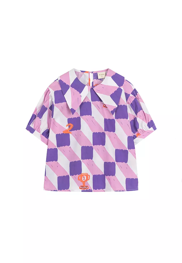 女大小童短袖衬衫复古印花大方领上衣