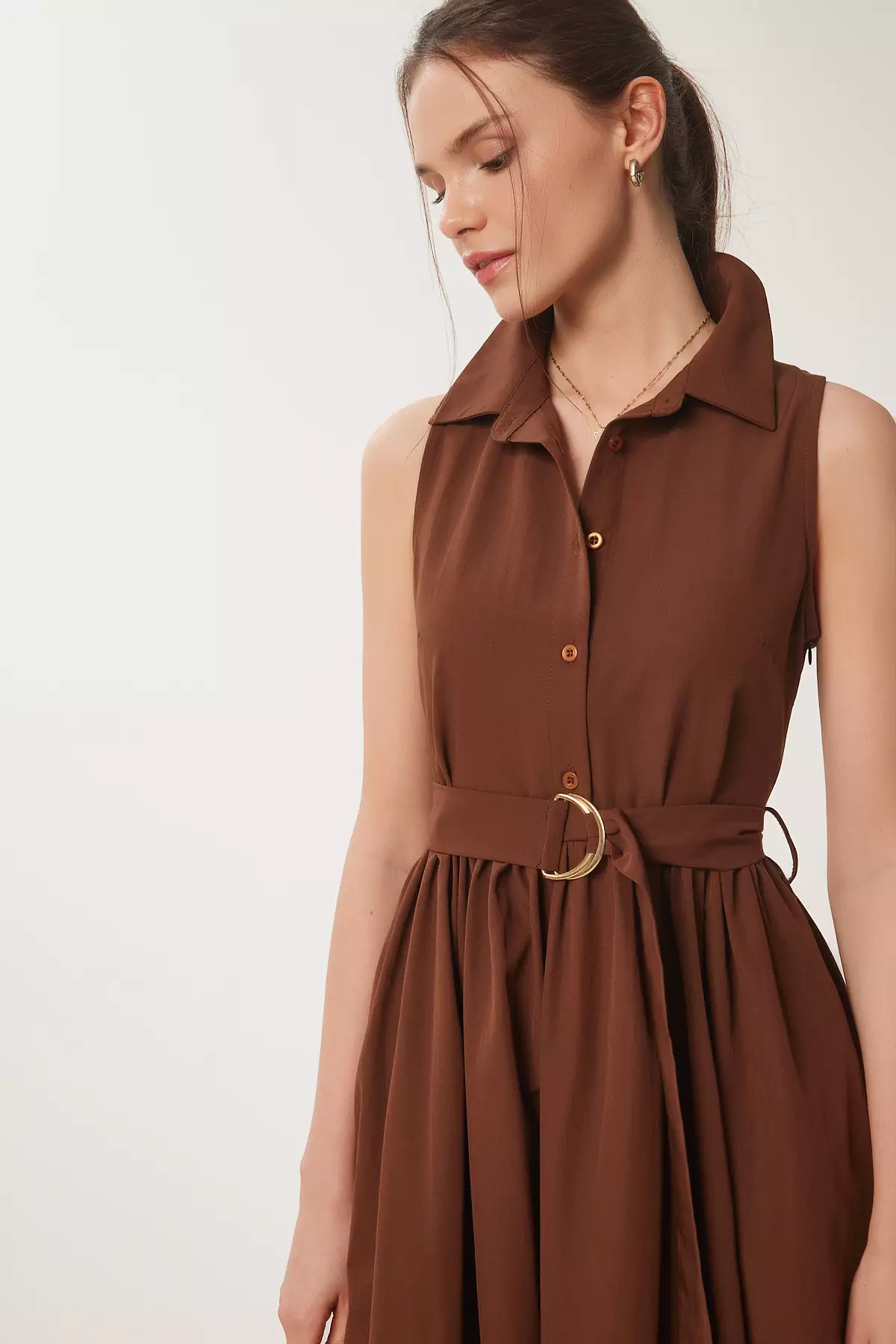 Women's Brown Belted Poplin Midi Shirt Dress Ub00354