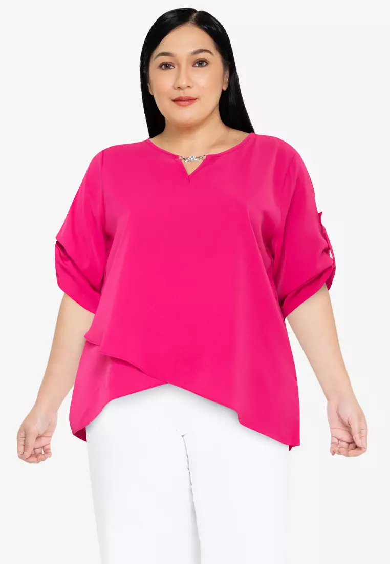 Buy Divina Plus Size Roll Tab Sleeve Overlap Hem Blouse Top 2024 Online