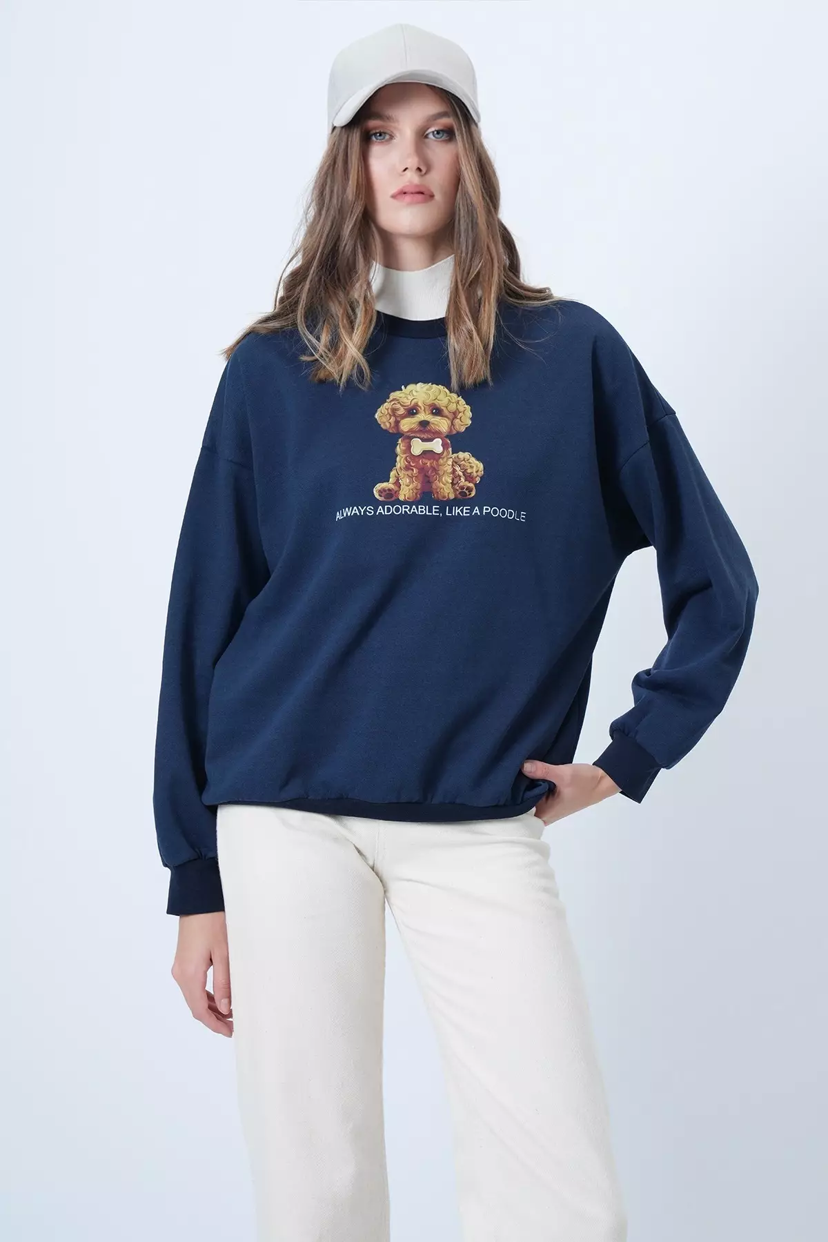 Women'S Navy Blue Front Printed Oversize Cotton Sweatshirt Alc-X14651