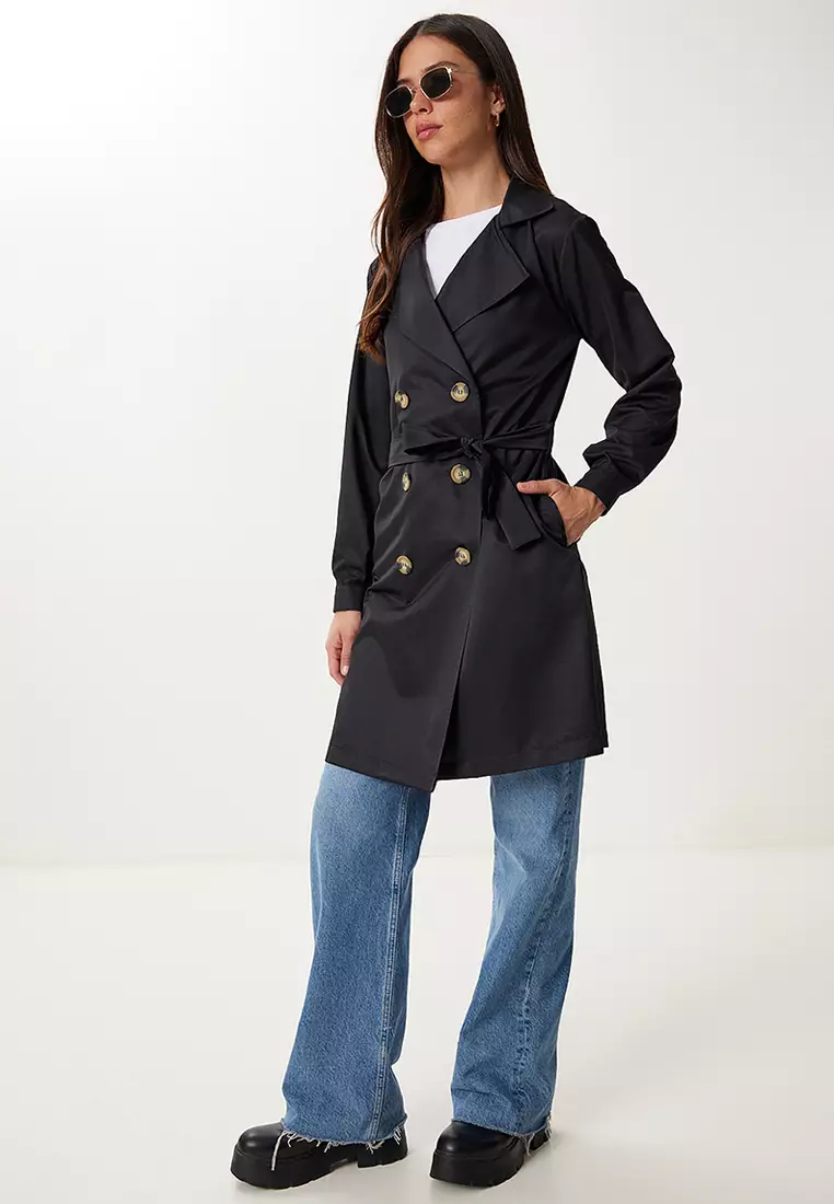 Women's Black Double Breasted Collar Belted Seasonal Trench Coat Dd01374